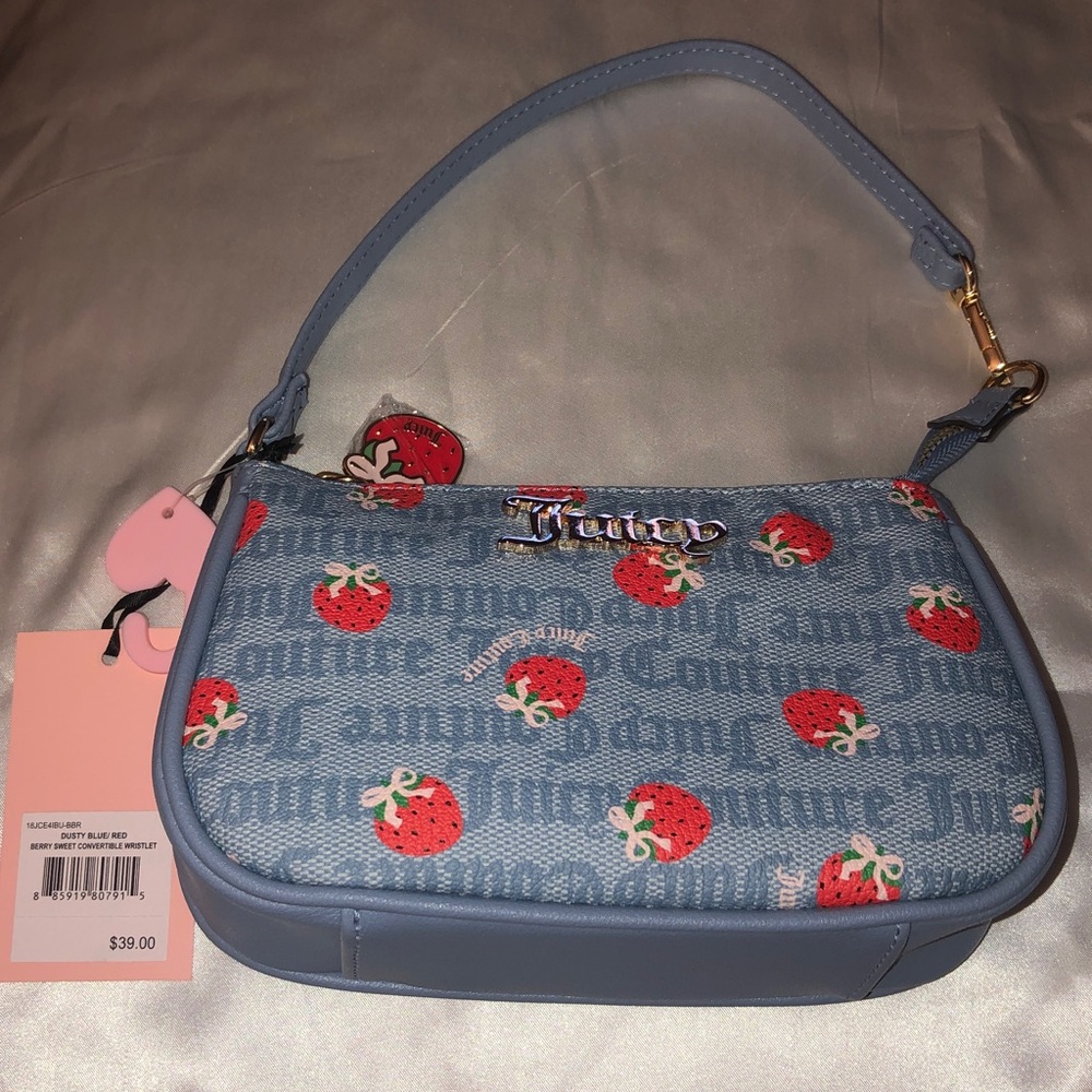 Juicy Couture Dusty Blue Red Berry Sweet Convertible Wristlet Shoulder Bag NWT